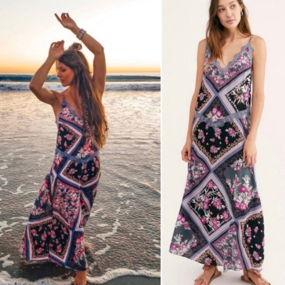 Free People Intimately Stevie Boho Maxi Dress Floral Patchwork Lace Trim Size XS